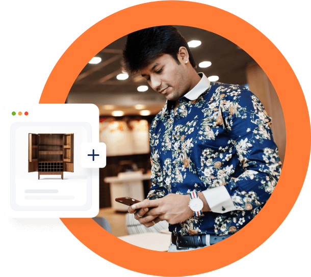 Man using his mobile phone to manage his online furniture store.